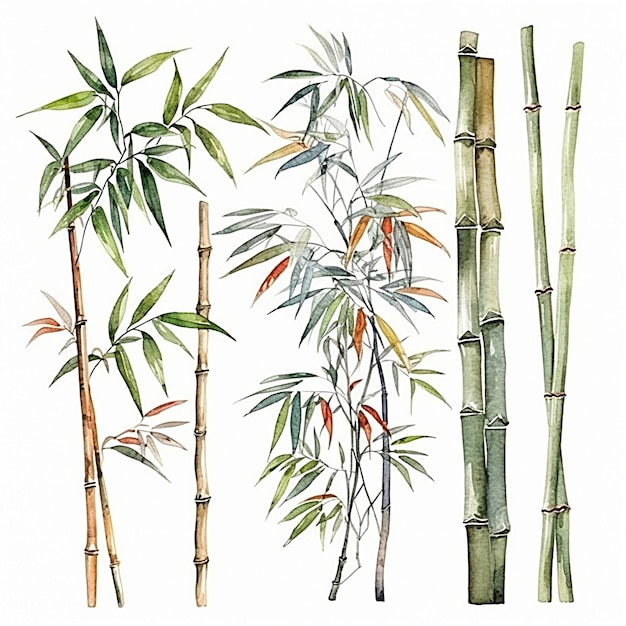 Collection de feuilles et de fleurs de bambou à l'aquarelle