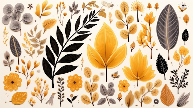 une collection de feuilles et de fleurs en jaune noir et blanc