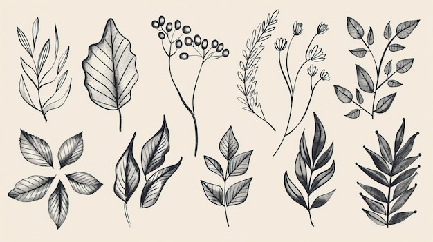 Une collection de feuilles et de plantes dessinées à la main