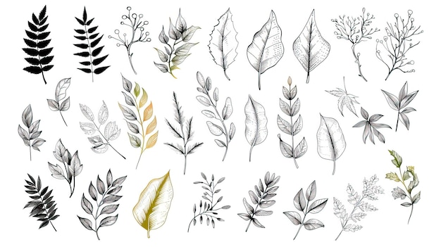 Une collection de feuilles et de plantes dessinées à la main
