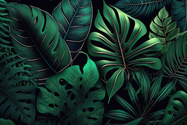 Une collection de feuilles tropicales créant une image visuellement époustouflante et vibrante Generative AI