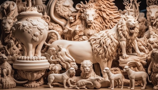 Collection de figurines antiques Lion chameau éléphant cheval mammifère souvenirs générés par l'intelligence artificielle