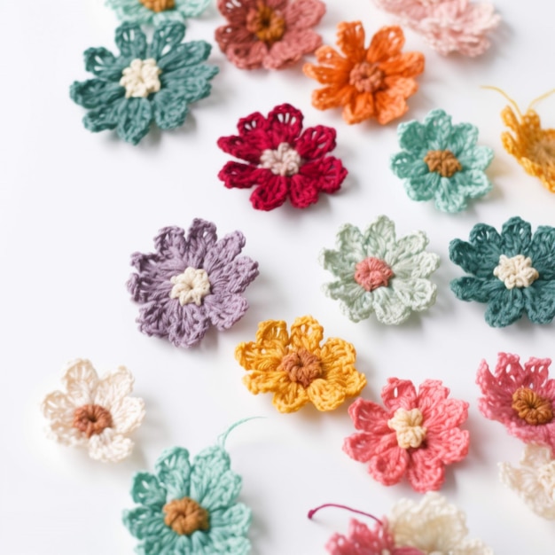 Une collection de fleurs au crochet est affichée sur un fond blanc.