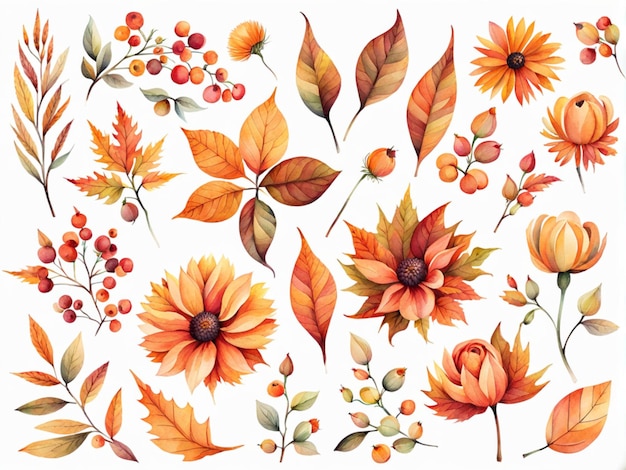 une collection de fleurs d'automne à aquarelle douce isolées sur un fond transparent