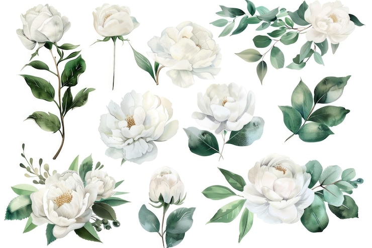 Photo collection de fleurs blanches et de feuilles vertes à l'aquarelle