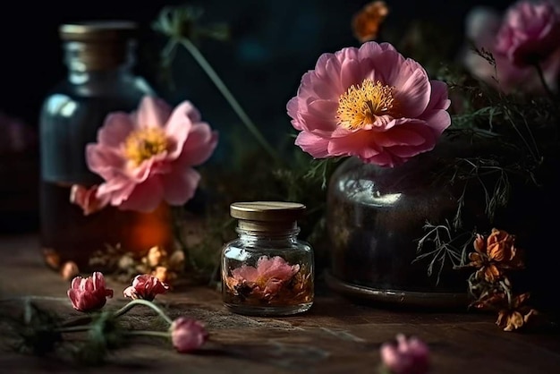 Une collection de fleurs dans un bocal en verre avec un pot de miel et un pot de fleurs.