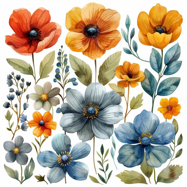 Photo une collection de fleurs dont le bleu jaune et l'orange