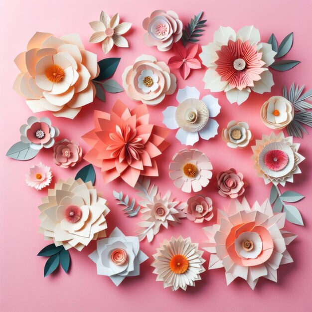 Photo une collection de fleurs de papier sur un fond rose