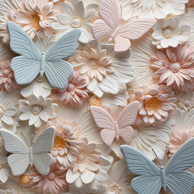 une collection de fleurs en papier avec des papillons dessus.