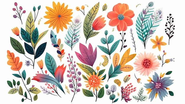 Une collection de fleurs printanières colorées avec des feuilles et des feuillages de branches florales isolées sur fond blanc AI générative