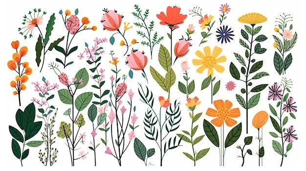 Une collection de fleurs printanières colorées avec des feuilles et des feuillages de branches florales isolées sur fond blanc AI générative