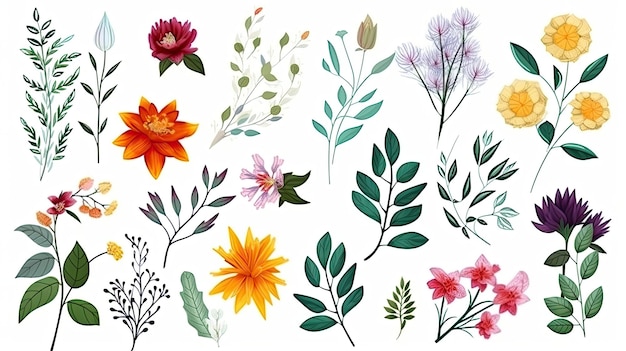 Une collection de fleurs printanières colorées avec des feuilles et des feuillages de branches florales isolées sur fond blanc AI générative
