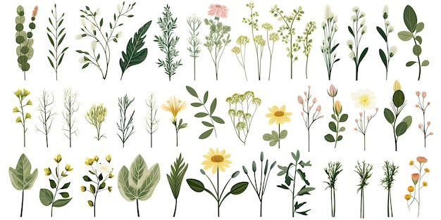 Collection de fleurs sauvages Herbes vertes feuilles