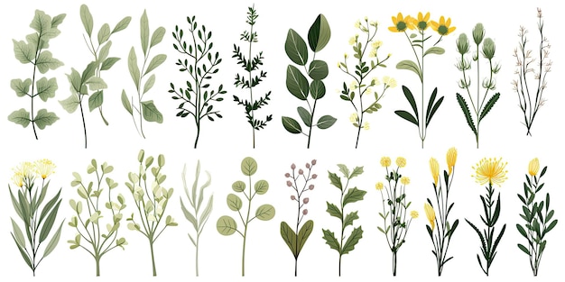Collection de fleurs sauvages Herbes vertes feuilles