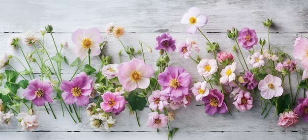 Une collection de fleurs sur une table en bois blanche