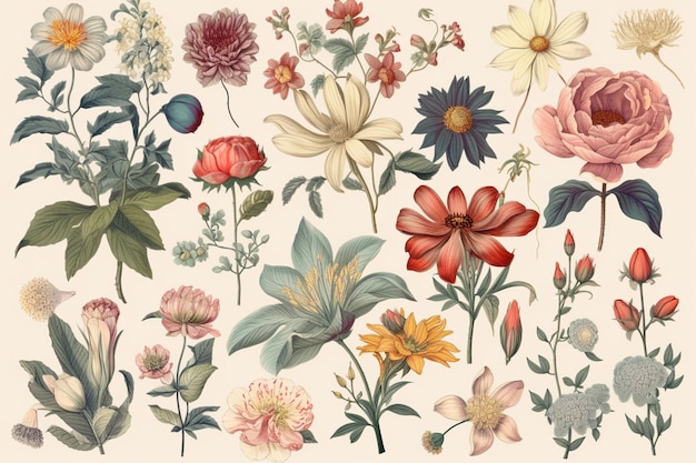 Une collection de fleurs avec le titre'vintage floral'