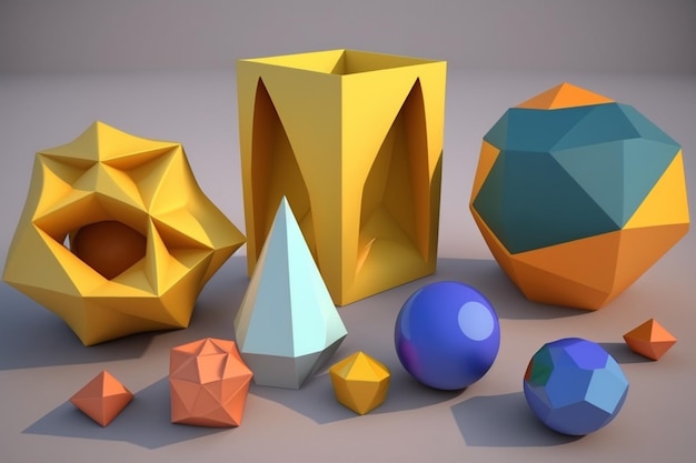 Une collection de formes 3d dont une jaune et orange.