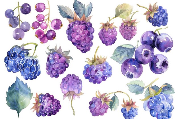 Photo une collection de framboises raisins violets et feuilles