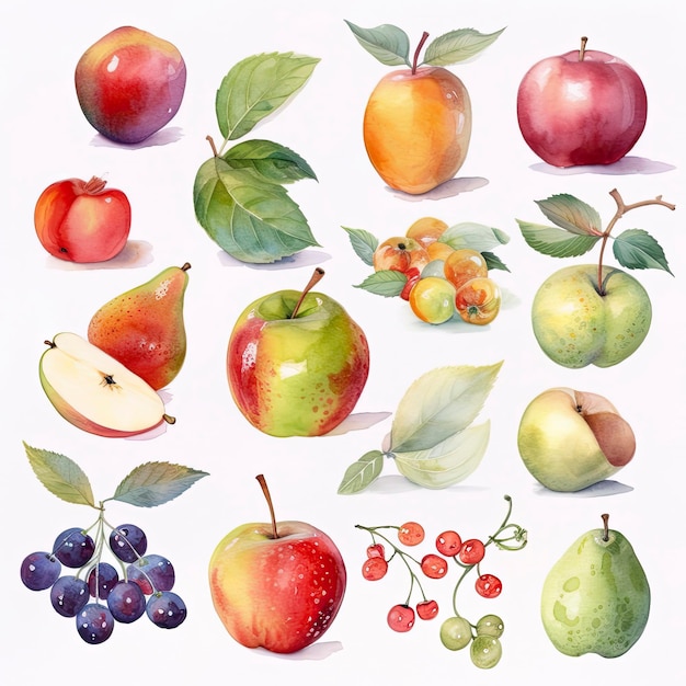 Collection de fruits aquarelles assez délicats sur fond blanc Générer Ai