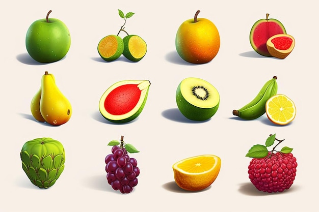 une collection de fruits dont un de couleur rouge et verte.