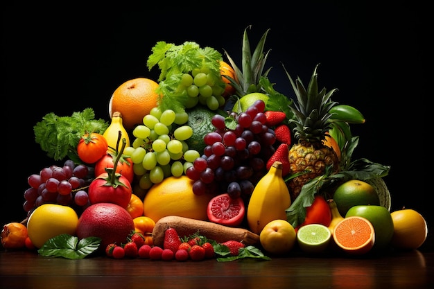 Une collection de fruits dont un qui porte le mot fruit.