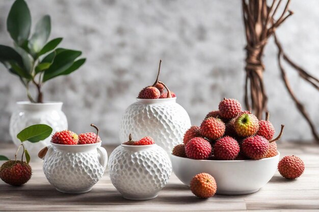 une collection de fruits est affichée sur une table avec un bol de fraises