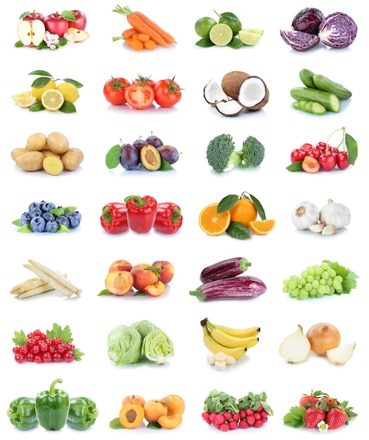 Collection de fruits et légumes pommes oranges poivron fraises bananes aliments végétaux isolés