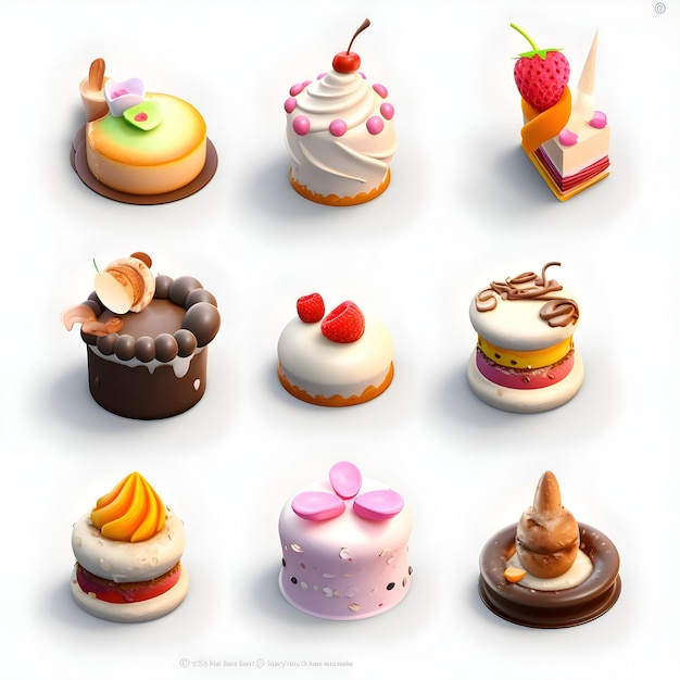 Collection de gâteaux sur un fond blanc illustration de rendu 3D