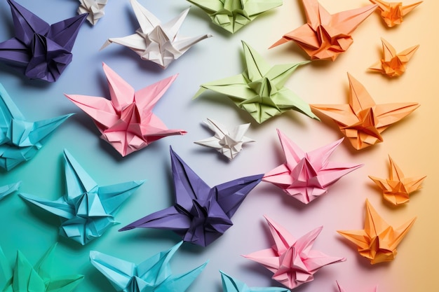 Photo une collection de grues origami colorées sur fond pastel créée avec l'ai générative