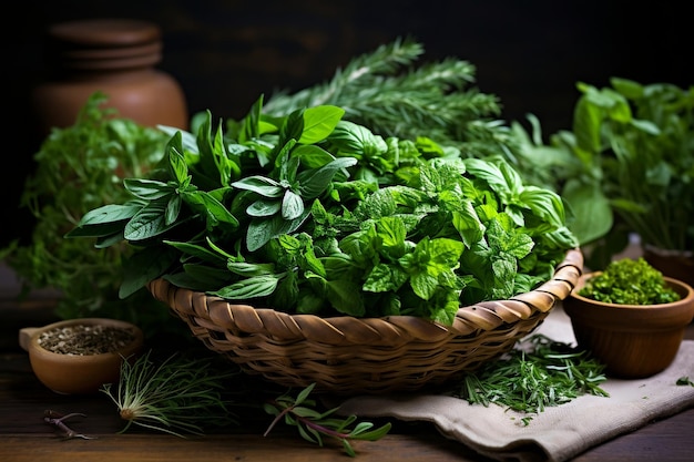 Collection d'herbes ornées dans un panier AI