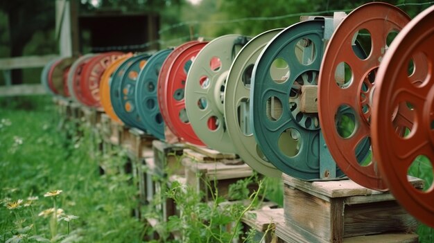 Une collection hypnotisante de bobines habilement disposées sur une belle clôture en bois vieillie