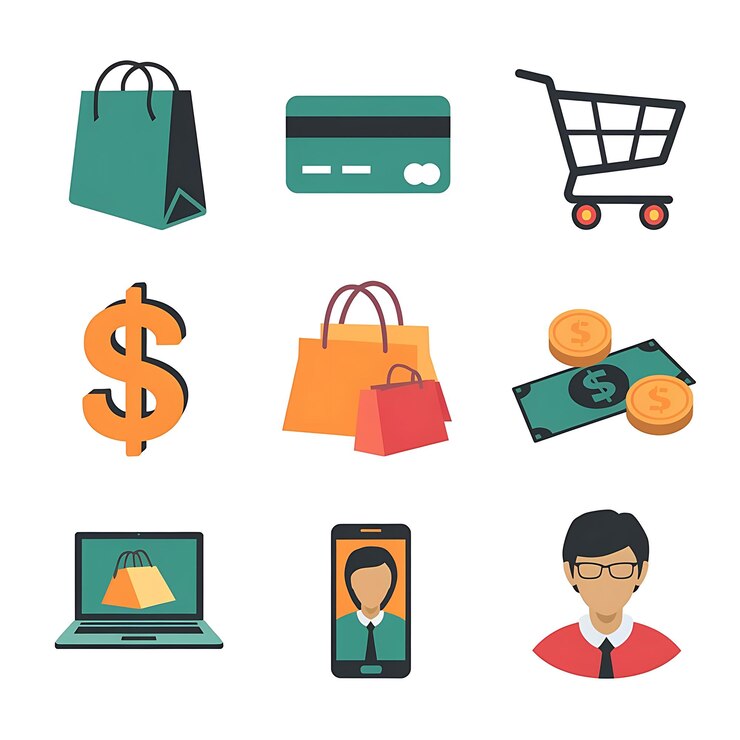 Photo une collection d'icônes d'affaires comprenant un panier d'achat un sac d'achat et un sac de magasinage