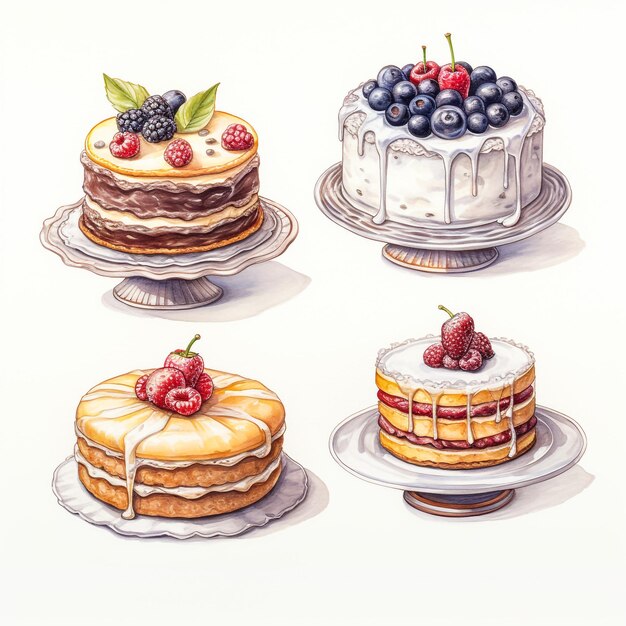 Photo collection d'icônes de gâteaux illustration vectorielle de différents types de beaux gâteaurs modernes tels que le gâteau au chocolat gâteau napoléon tiramisu sacher eclair et gâteau au fromage isolé sur blanc