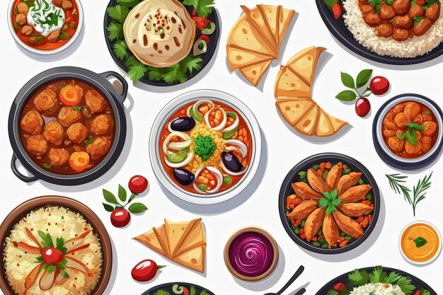 une collection d'illustrations de délicieux plats arabes adaptés aux menus ou aux bannières des restaurants