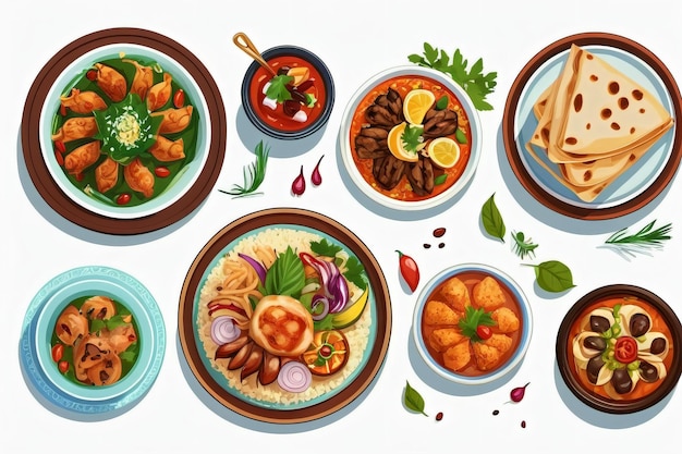 une collection d'illustrations de délicieux plats arabes adaptés aux menus ou aux bannières des restaurants