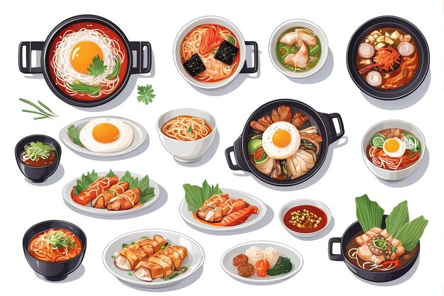 Photo une collection d'illustrations de délicieux plats coréens adaptés aux menus ou aux bannières des restaurants