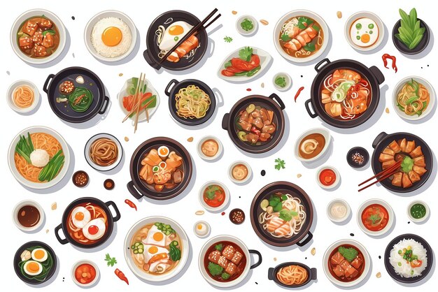 une collection d'illustrations de délicieux plats coréens adaptés aux menus ou aux bannières des restaurants