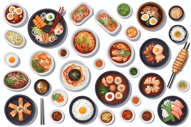 Photo une collection d'illustrations de délicieux plats coréens adaptés aux menus ou aux bannières des restaurants