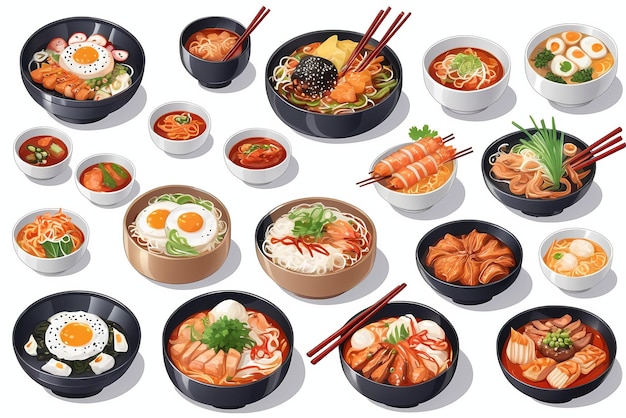 une collection d'illustrations de délicieux plats coréens adaptés aux menus ou aux bannières des restaurants
