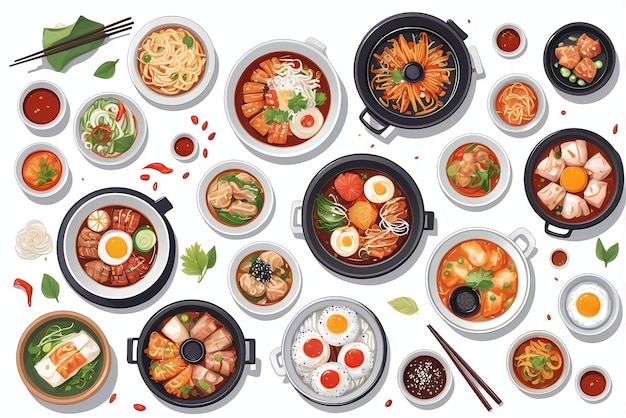 une collection d'illustrations de délicieux plats coréens adaptés aux menus ou aux bannières des restaurants