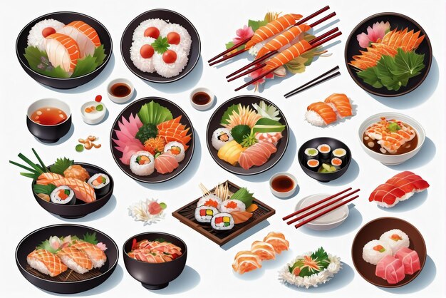 une collection d'illustrations de délicieux plats japonais adaptés aux menus ou aux bannières des restaurants