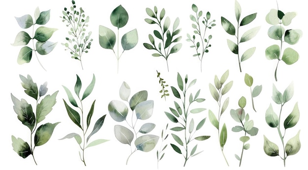 Photo collection d'illustrations florales à l'aquarelle avec des branches de feuilles vertes