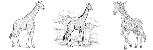 Collection d'illustrations de girafes en noir et blanc pour le livre à colorier Des contours de girafes à colorier Activité image d'animal incolore Page de coloriage Antistress avec girafe réaliste dans la nature