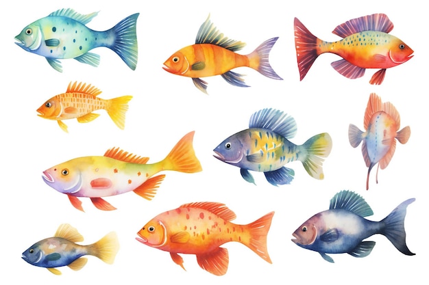 Une collection d'illustrations de poissons à l'aquarelle