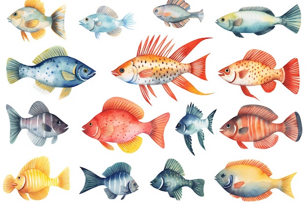 Une collection d'illustrations de poissons à l'aquarelle