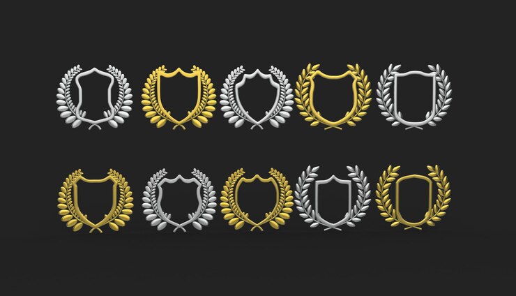Photo collection d'insignes métalliques avec des couronnes de laurier