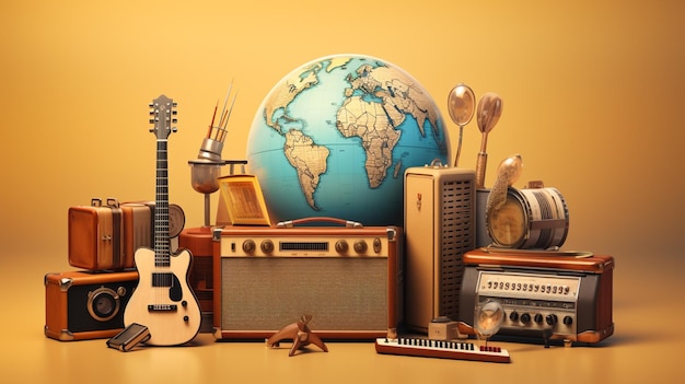 une collection d'instruments comprenant un globe, un globe et un globe mondial.