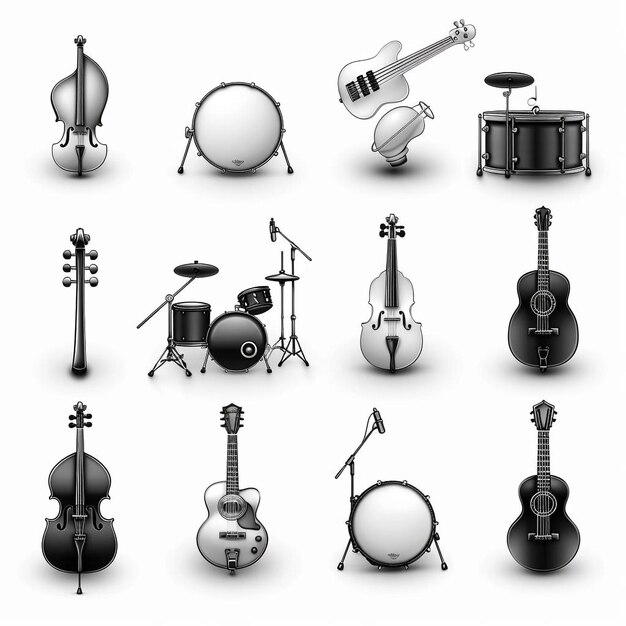 une collection d'instruments de musique comprenant un ensemble de tambours un ensemble de Tambours et un ensemble deTambours