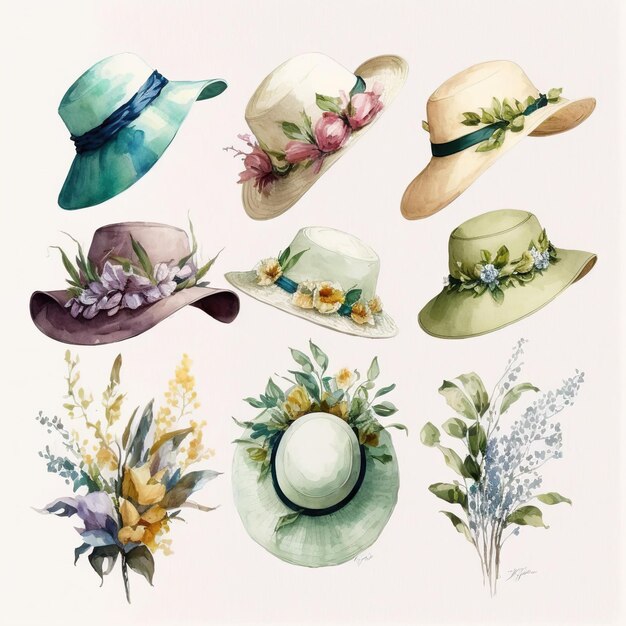 Collection de jolis chapeaux fantaisie aquarelle délicats Chaque chapeau est d'un type différent AI générative