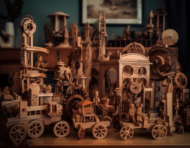 Une collection de jouets en bois avec une machine qui dit "la machine"